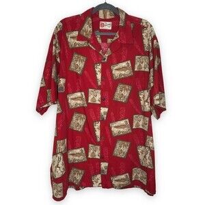 Hilo Hattie Hawaiian Original Red Tan Tiki Short Sleeve Button Up Shirt Men 2XL